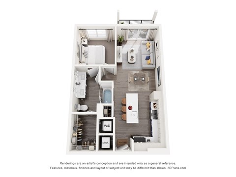 Floor plan for 1 bed, 1 bath, 736 sqft